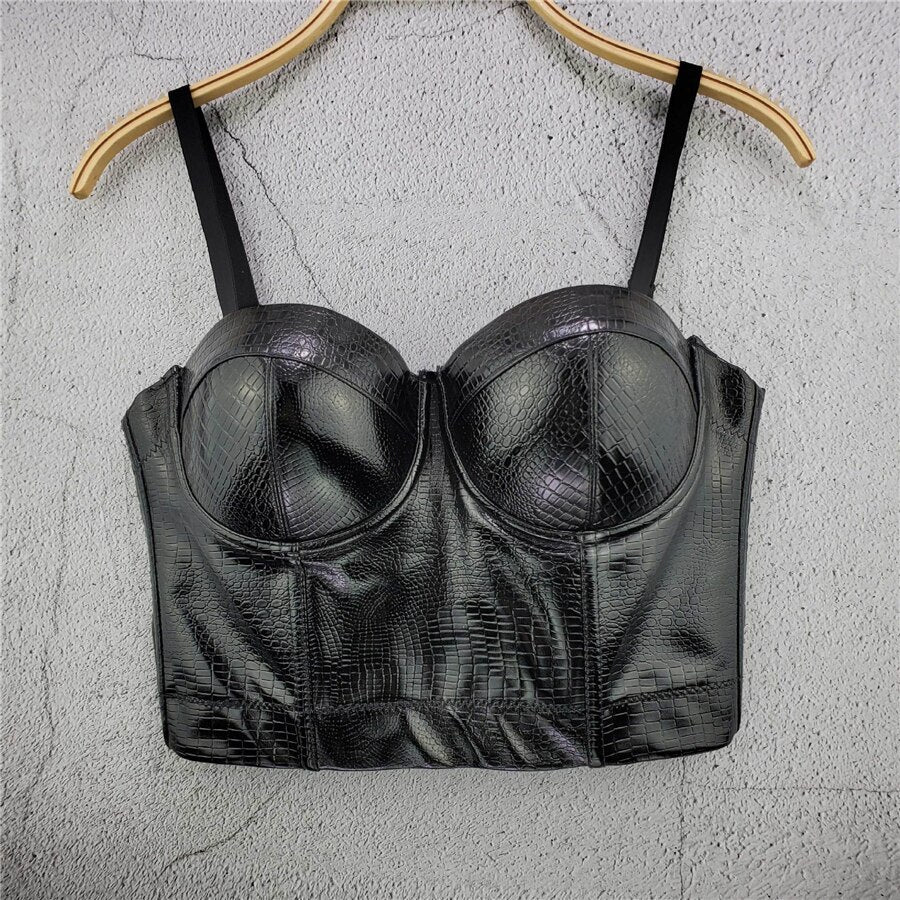 Sexy Nightclub Artificial Leather Women Crop Tops Camis Cropped in Bra Party Spaghetti Strap Corset With Cups Push Up Bustier