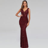 Light Champagne Sexy V-neck Tassel Sequins Dress Women Sleeveless Long Evening Party Dress