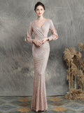 Elegant V Neck Party Maxi Dress Black Gold Sequin Evening Dress Women Long Sleeve Dress