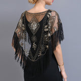 Women 1920s Sequined Shawl with Tassels Beaded Pearl Fringe Sheer Mesh Wraps Gatsby Flapper Bolero Cape Cover Up