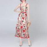 Elegant Spaghetti Strap Sexy Evening Party Dress Floral Embroidery Tulle Mesh Summer Midi Dress