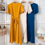 Elegant Wrap Woman V Neck Short Sleeve Solid Color Casual Belted Midi Dress