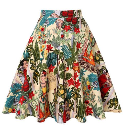 2021 Women Retro Vintage High Waist Skirts 50s Big Swing Keen Length Elegant Skater School Lady Girl's A-Line Skirt Faldas Mujer