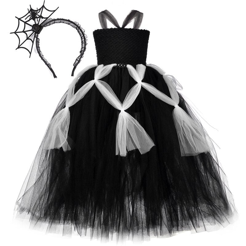 Black Spider Hallloween Costume for Girls Kids Long Witch Tutu Dress Children Fancy Dresses Party Tulle Outfit Gown Ankle Length
