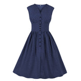 Navy Blue Polka Dot Sleeveless High Waist Robe Pin Up Swing Button Summer Elegant Casual Dress