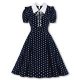 1950s Blue Polka Dot Short Sleeve High Waist Elegant Robe Pin Up Swing 50s 60s Retro Vintage Dress