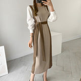 Office Color Block Knitted Midi Dress With Belt Long Shirt Sleeve Patchwork Winter Dress