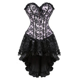 Women Sexy Floral Lace Overlay Corset Dress Victorian Vintage Overbust Corset Top With Gothic Asymmetrical High Low Skirt Set