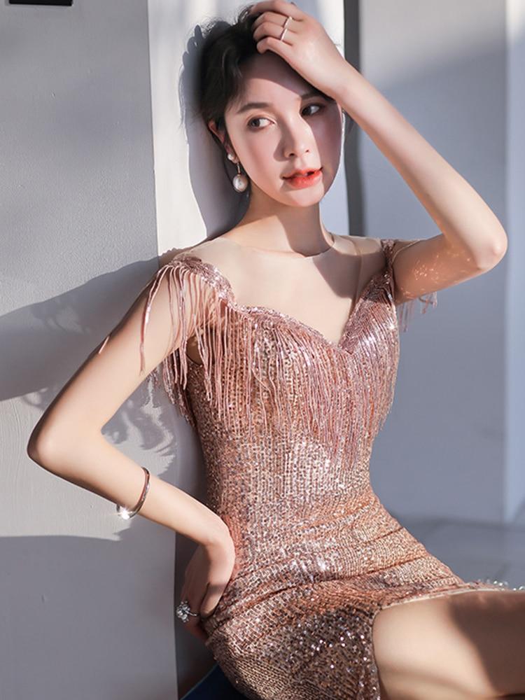 Formal Cocktail Dress Tassels Cape Rose Gold Party Gowns Sexy Side Split Floor Length Shinning Sequind Occasion Vestidoes 2020