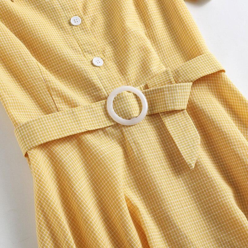 2021 Solid Turn-Down Collar Buttons Yellow Vintage 50s Plaid Midi Shirt Dresses for Women Elegant Summer Belted Retro Clothes