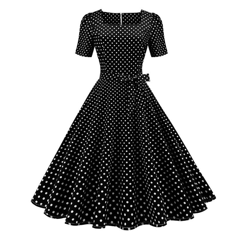 Square Neck Vintage Polka Dot A Line Swing Thin Fabric Summer Women Short Sleeve Casual Belted Dresses