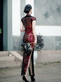 New Fashion Sequins Cheongsam Embroidered High-slit Formal Evening Dress For Women Short-Sleeve Long Cheongsam