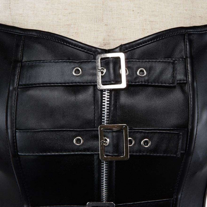 Women Gothic Sexy Faux Leather Straps Corset Vest Studded Zipper Buckles Body Shaper Corset Bustier Lingerie Top Plus Size Black