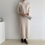 Fashion Mock Neck Long Sleeve Casual Knitted Dress Autumn Winter Solid Elegant Loose Midi Dress
