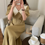 Women Harajuku Summer Short Sleeve Midi Holiday Chic A-line Popular Loose Lapel Retro Fashion Dress