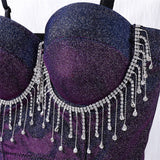 Bright Line Tassel Rhinestones Crop Tops With Built In Bra Winter Slim Push Up Bralette Sexy Ladies Show Tops