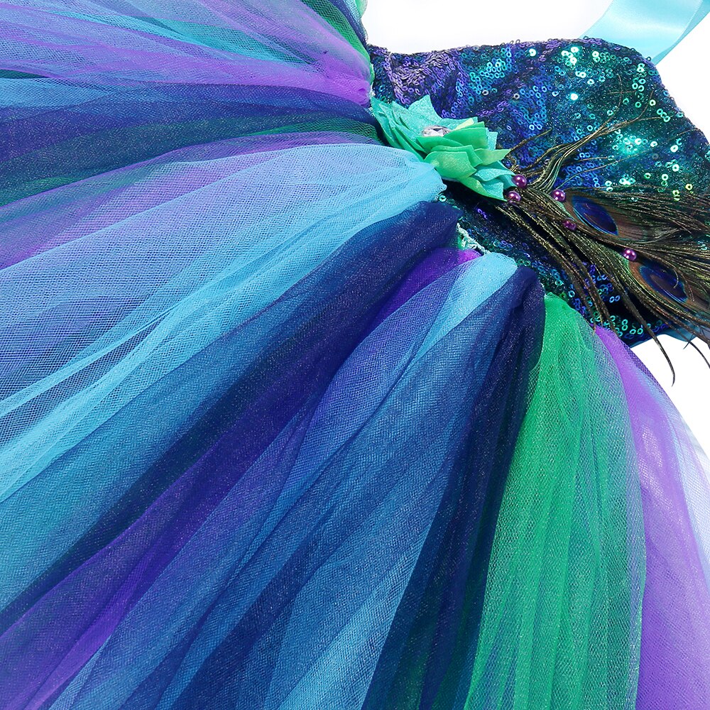 Bling Sequins Peacock Dresses for Girls Party Costume Tutu Dress with Feather Flower Princess Clothes for Kids Halloween Gifts