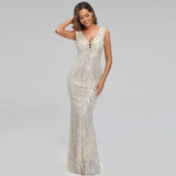 Light Champagne Sexy V-neck Tassel Sequins Dress Women Sleeveless Long Evening Party Dress