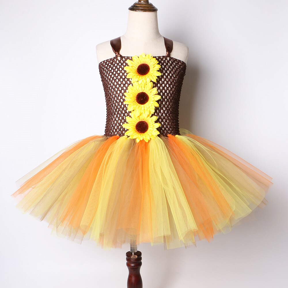 Kids Sunflower Tutu Dress Girls Fancy Fairy Costumes for Fall Woodland Halloween Princess Dresses with Headband Children Outfits
