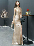 Mandarin Collar Formal Evening Dress Elegant Women Party Dress Cap Sleeve Side Split Robe De Soriee Champagne Sequins Vestidos