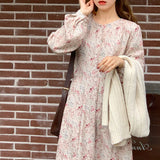 Long Sleeve Women Dresses Vintage Floral Lace-up Plus Velvet Dress Casual Loose Elegant Clothing For Girls