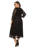 V Neck Lace Black Burgundy A Line Party Dress Plus Size Women Formal Evening Tea Three Quarter Sleeve Dress