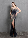 Sleeveless Woman Party Night Sequins Dress Side Split Long Elegant Shinning Evening Dress