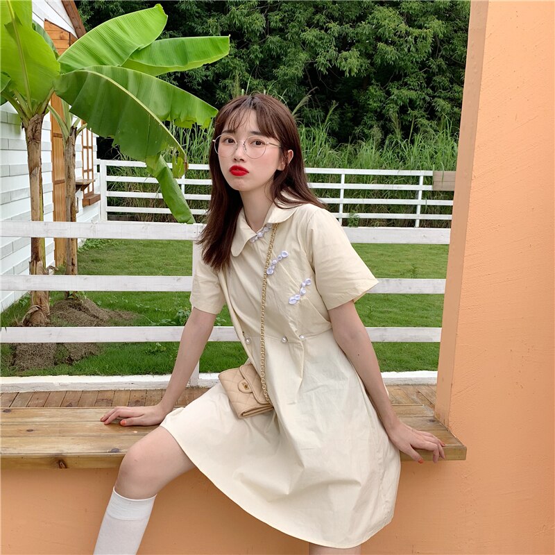 Women's Kawaii Lovely Dresses Ins Chic Vintage Chinese Style Pearl Buckle Dress Female Sweet Harajuku Punk Clothes For Women
