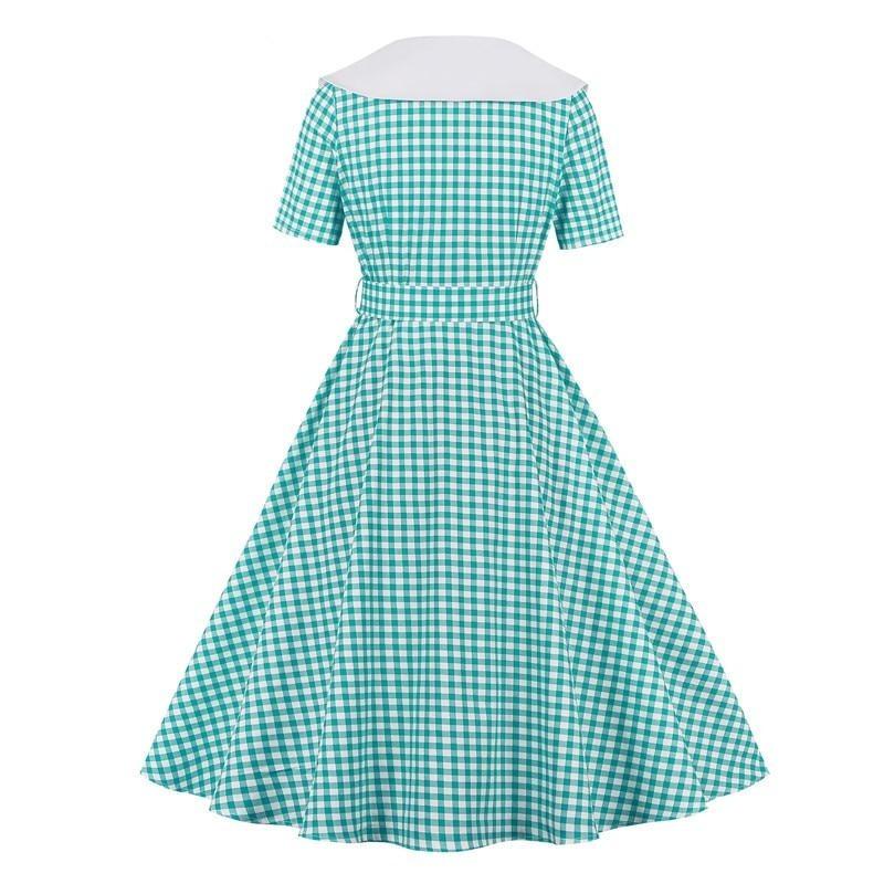 Gingham Print High Waist Women Vintage A Line Midi Cotton Fabric Double Breasted 1950S Rockabilly Plaid Dress