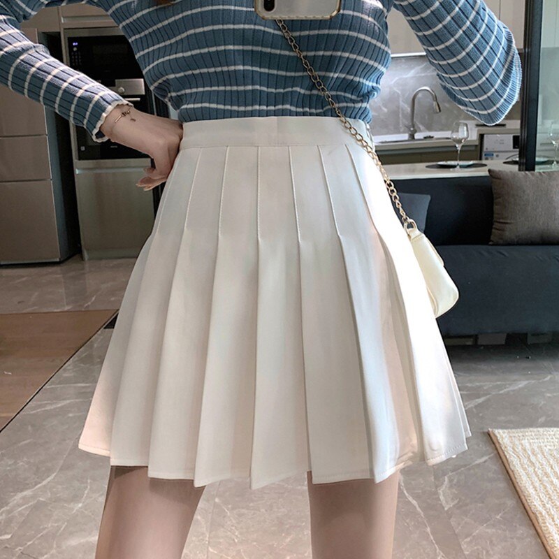 Women High Waist Pleated Skirt Korean Sweet Style Solid Color Ladies A-line Casual Mini Skirts