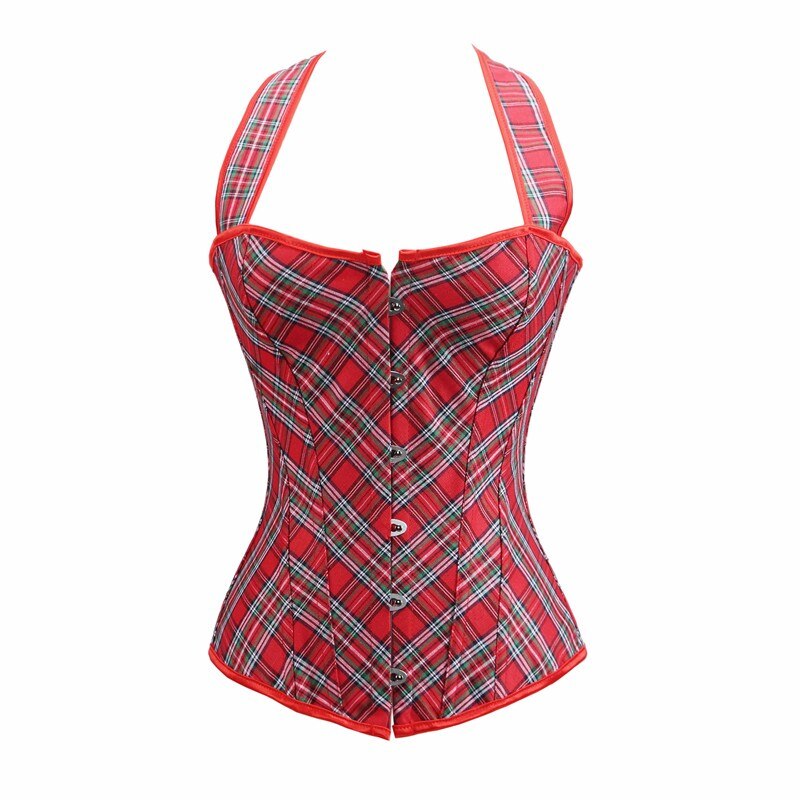 Shaper Woman Corset Red Plaid Bustier Tops With Straps Corselet Gothic Halter Neck Overbust Corset Plus Size S-6XL