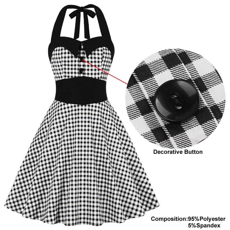Gingham 1950s Halter Button Front Vintage Plaid Party Pin Up Fit and Flare Backless High Waist Retro Dress