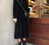 Velvet One Piece Dress Korean Fashion 2021 Winter Vintage Midi Dress Evening Paty Lace Design Long Sleeve Black Elegant Dress