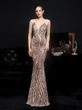Sexy Backless V Neck Cocktail Dress Sleeveless Suspender Party Dress Floor Length Sequins Mermaid Robes Women Vestidoes New