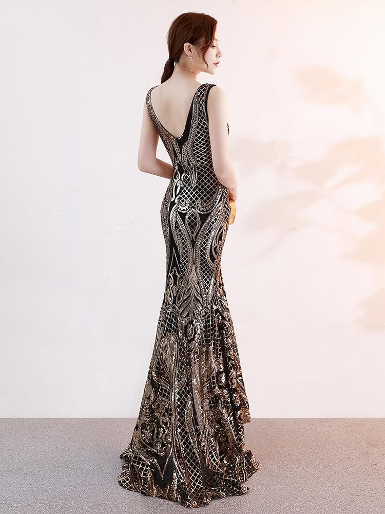 Asymmetrical Floor-Length Tulle Sequins V-Neck Sleeveless Party Dresses Embroider Vestidoes Formal Robe