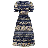 Navy Blue Floral Women Vintage Puff Sleeve Elastic High Waist Midi Robe Retro Casual Dress