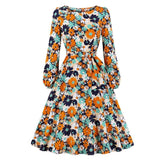 Multicolor Floral Print A Line Bishop Sleeve Elegant Long Sleeve Belted Vintage Midi Dress