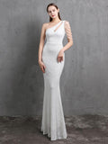 Elegant One Shoulder White Sequin Evening Dress Women Beads Party Wedding Maxi Dress