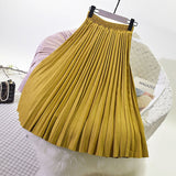 Autumn Winter Women Elastic High Waist Pleated A-Line Long Skirt