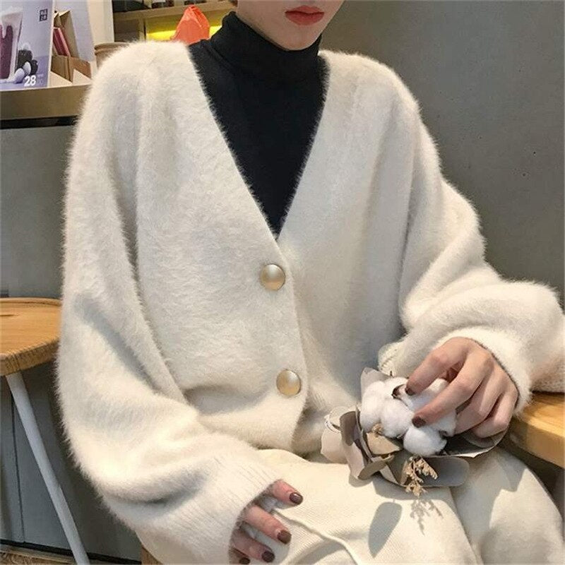 Women Single-breasted Long Sleeve V-Neck Mohair Sweater Cardigans Solid Loose Knitted Coat Outwear