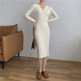 V Neck Long Sleeve Bodycon Ribbed Knitted Dress Autumn Winter Button Elegant Casual Midi Dress