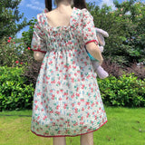 Japanese Fashion Sweet Kawaii Elegant Loose Floral Printed Lady Dress Spring Square Collar Puff Sleeve A-Line Loose Dresses
