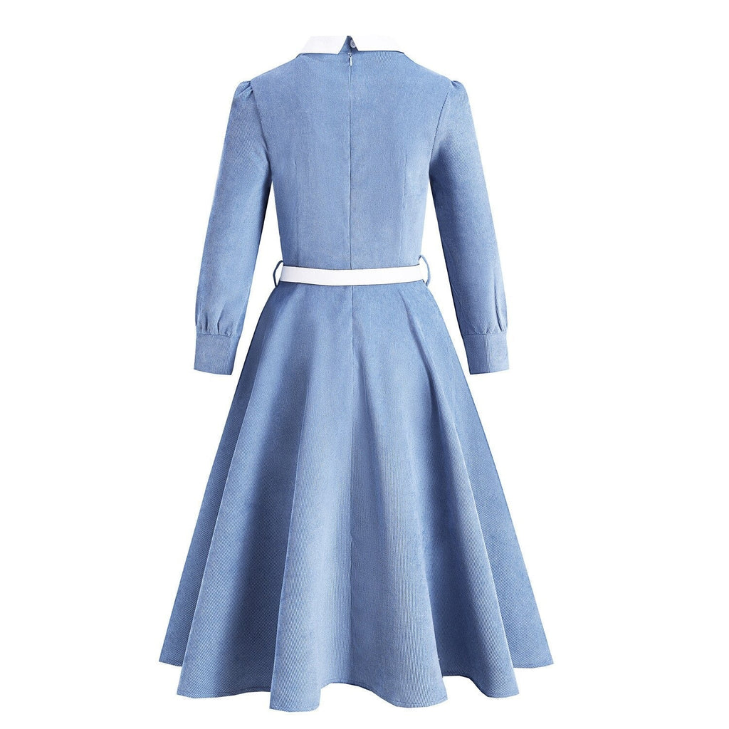 Pocket Corduroy Women&#39;s Party Dress 50s 60s Retro Vintage Sundress Long Sleeve Blue Swing Solid Rockabilly Vestidos Robe Femme