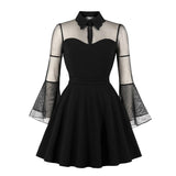 Fuchsia Elegant Party High Waist A Line Vintage Spring Turn-Down Collar Mesh Flare Sleeve Plus Size Dress