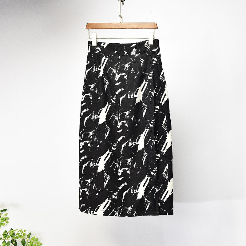 Woman Elastic High Waist Split Chic Bodycon Straight Skirts Print Streetwear