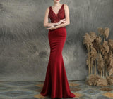 Navy Blue V-neck Appliques Beaded Long Evening Dress See through Elegant Evening Party Dress