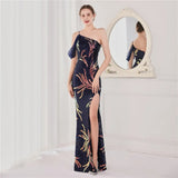 Women Black Elegant Off Shoulder Slit Sequin Evening Dress Beads Party Maxi Dress