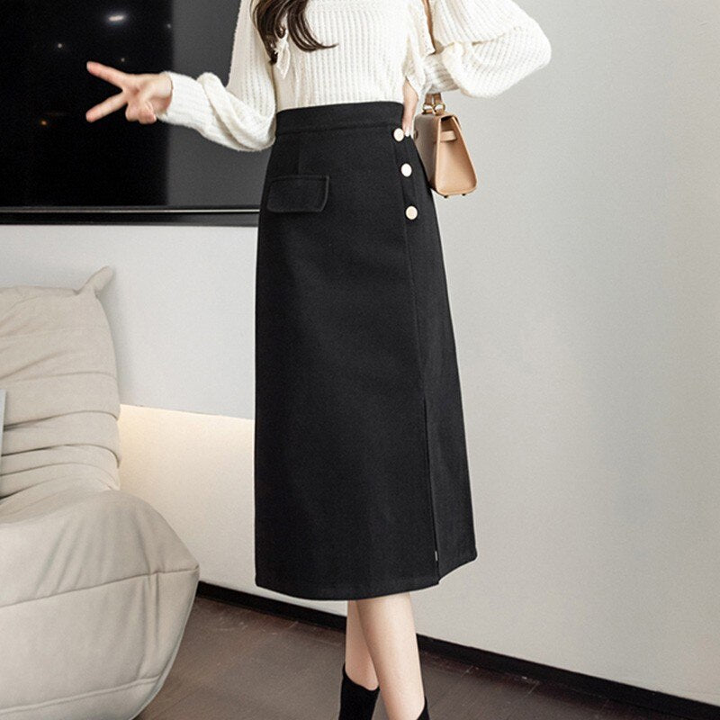 Ladies Elegant Pencil Skirts Spring Korean Style Solid Color Vintage Woolen Women High Waist Long Skirt