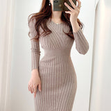 Women V Neck Long Sleeve Casual Knitted Solid Midi Dress Elegant Ribbed Bodycon Dress