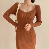 Sweetheart Neck Long Sleeve Elegant Ribbed Knitted Dress Sexy Bodycon Dress
